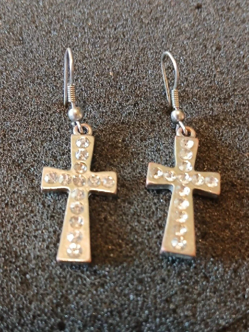 Silver Tone with 13 small diamonds in each. Cross Dangle Earrings - Silver